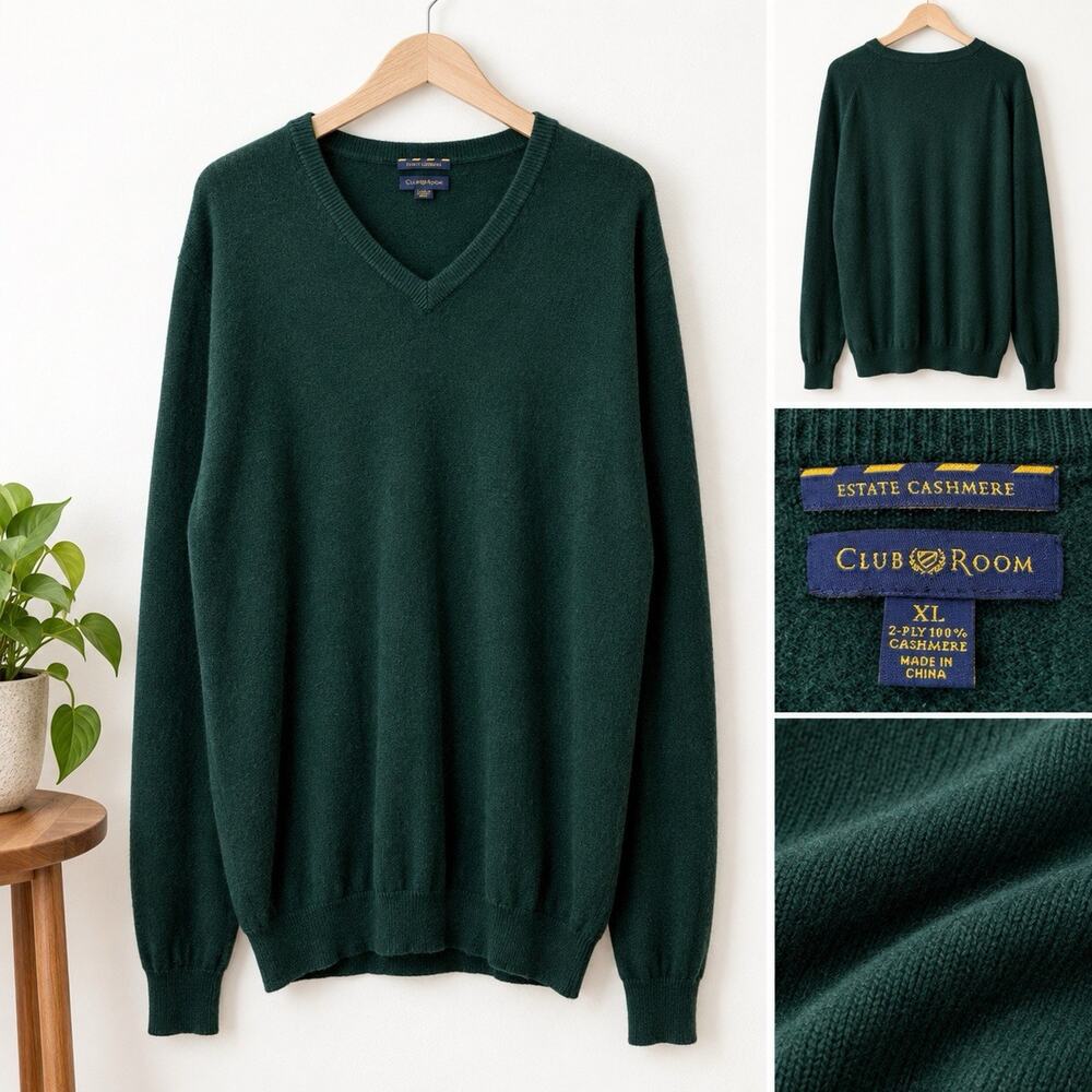 Club Room Estate 100% Cashmere XL Dark Forest Green Men's V-Neck Sweater